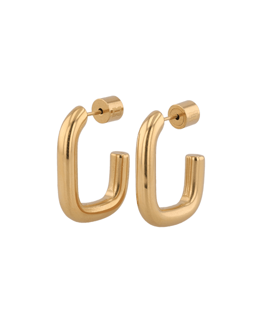 Image of Earrings. Product name - Block Rectangle Gold Hoop Earrings in colour by brand - LAVANA