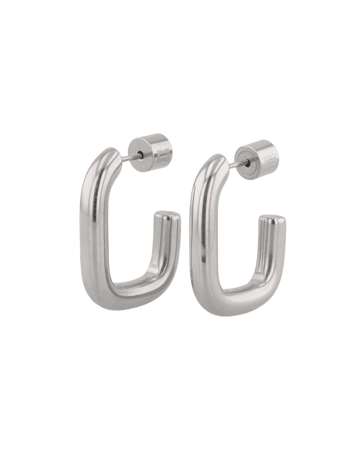 Image of Earrings. Product name - Block Rectangle Silver Hoop Earrings in colour by brand - LAVANA