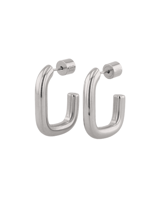 Image of Earrings. Product name - Block Rectangle Silver Hoop Earrings in colour by brand - LAVANA