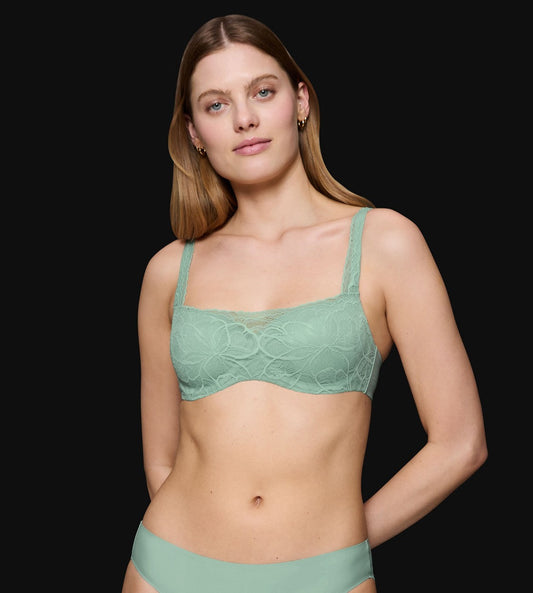Image of Bras. Productname: Triumph Body Make Up Illusion Lace Balconette Bra in Misty Turquoise colour by brand - Triumph
