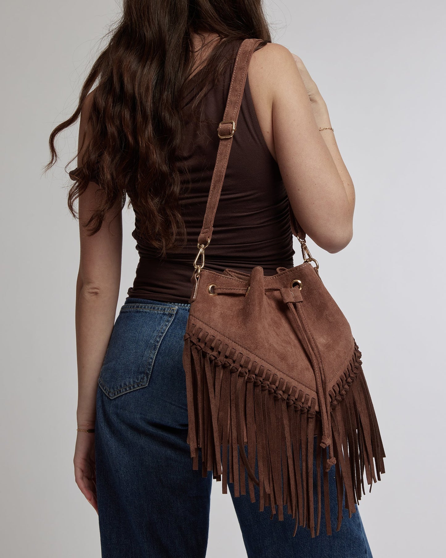 Image of Bucket Bags. Productname: Colette Chocolate Giselle Fringe Bucket Bag in Chocolate colour by brand - Colette