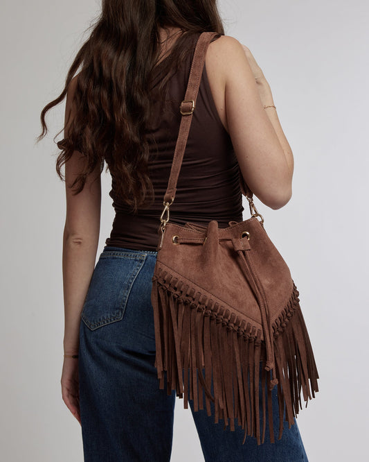Image of Bucket Bags. Productname: Colette Chocolate Giselle Fringe Bucket Bag in Chocolate colour by brand - Colette