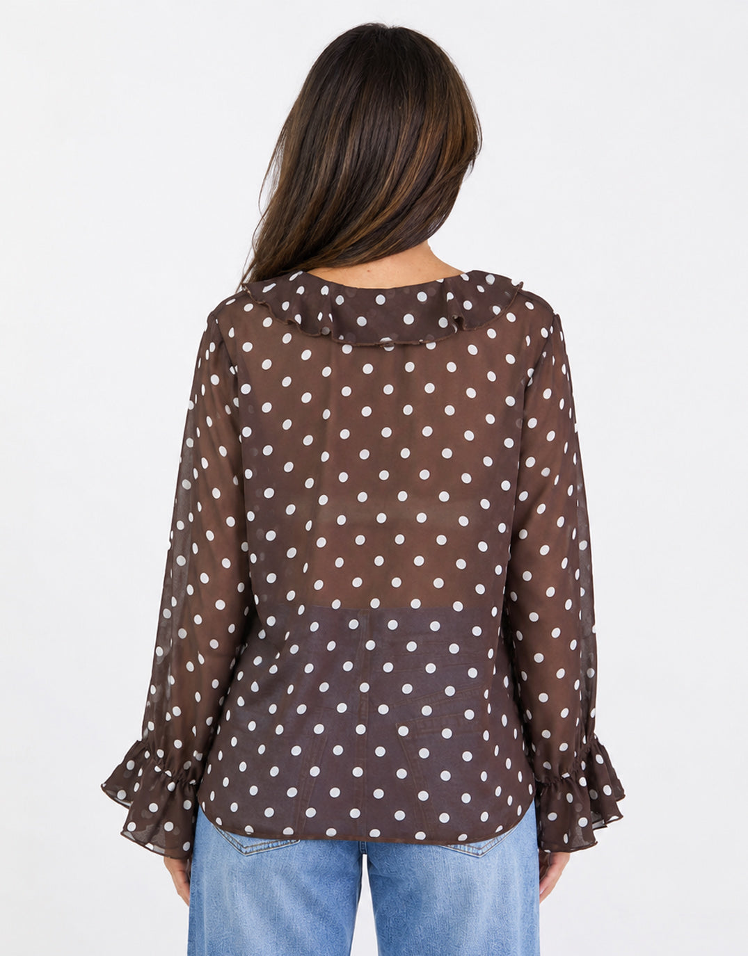 Among the Brave Bohemian Polka Dot Sheer Frill Front Blouse (Chocolate)