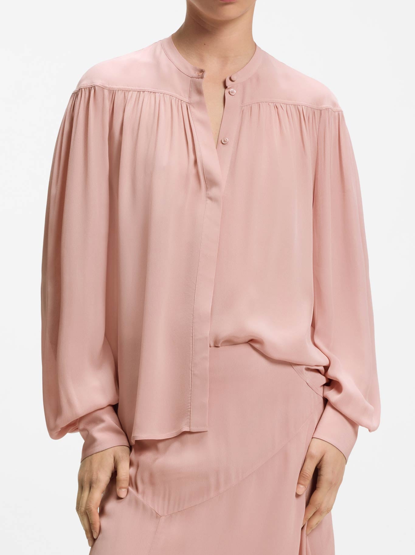 Image of a model wearing Tops. Product name - BOSS BETHENA BLOUSE in Pink colour by brand - Hugo Boss
