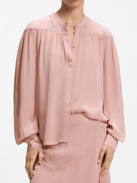 Image of a model wearing Tops. Product name - BOSS BETHENA BLOUSE in Pink colour by brand - Hugo Boss