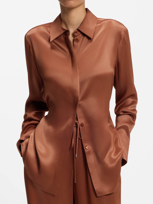 Image of a model wearing Tops. Product name - BOSS BERUTA BLOUSE in Rust Copper colour by brand - Hugo Boss