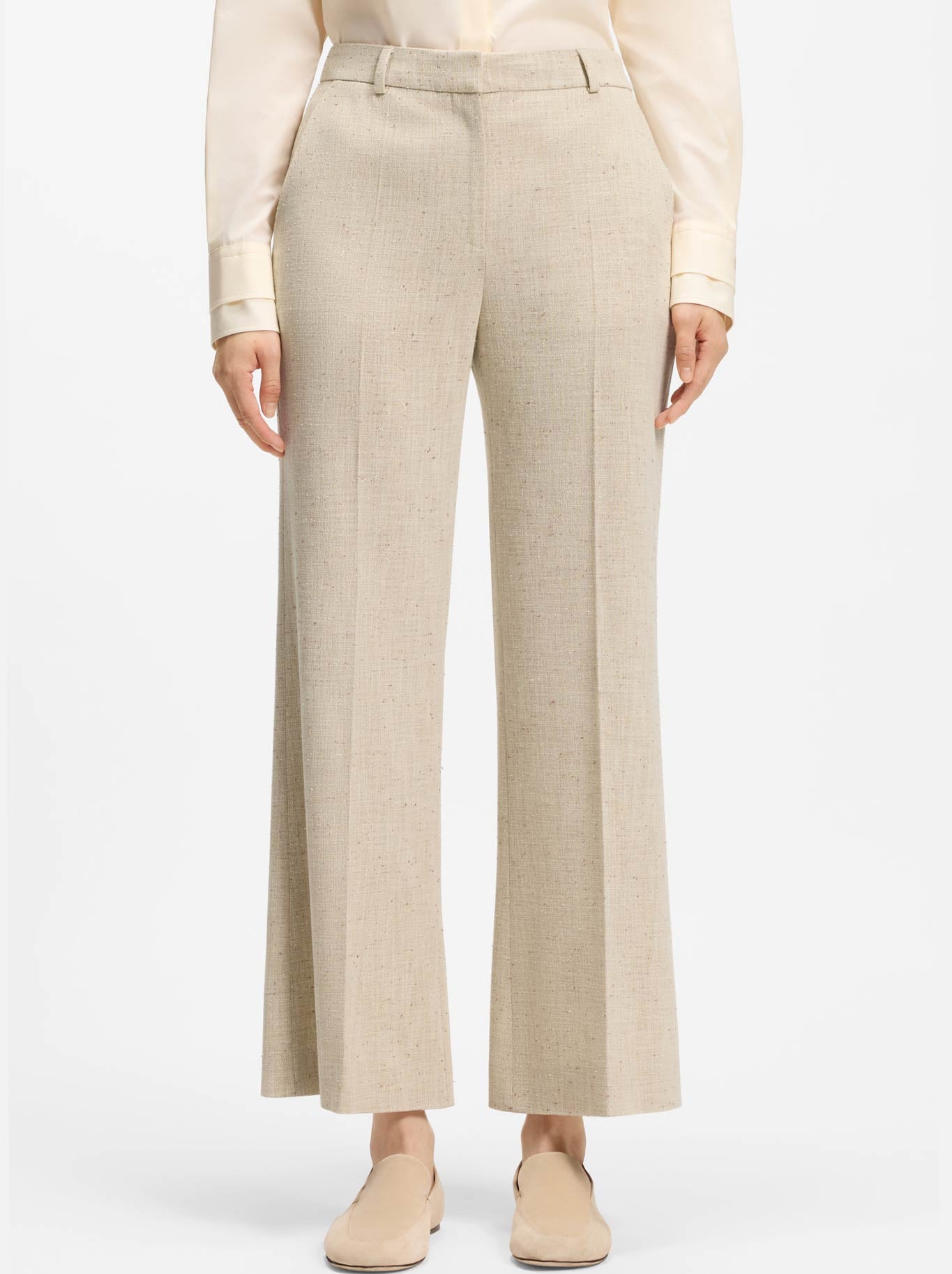 Image of a model wearing Pants. Product name - BOSS TALIA CROP PANT in Multi colour by brand - Hugo Boss