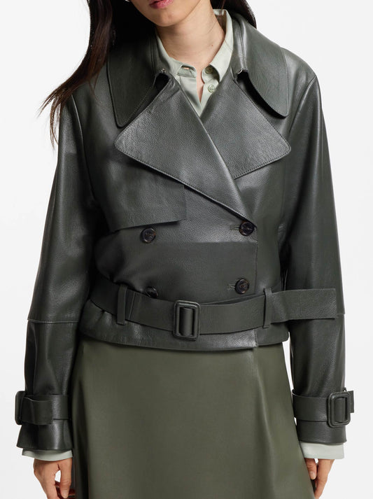 Image of Coats & Jackets. Product name - BOSS SATELA LEATHER JACKET in Dark Green colour by brand - Hugo Boss
