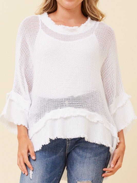 Image of a model wearing Tops. Productname: Bottega Moda 3/4 Mesh Top in White colour by brand - Bottega Moda
