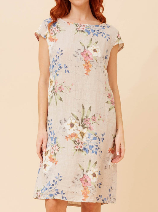 Image of Dresses. Productname: BOTTEGA MODA LINEN FLORAL DRESS in Floral colour by brand - Bottega Moda