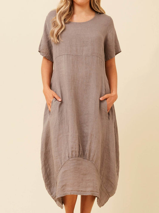 Image of Dresses. Productname: Bottega Moda Linen Midi Dress in Fango colour by brand - Bottega Moda