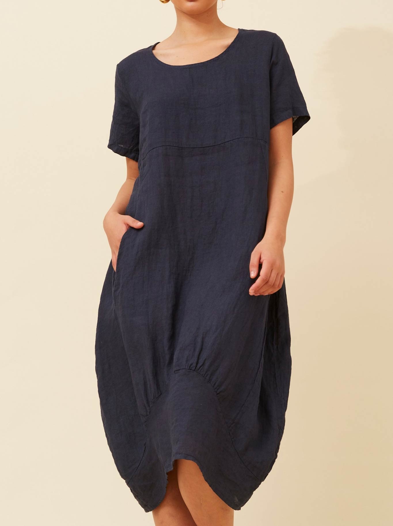 Bottega Moda Linen Midi Dress (Navy A)