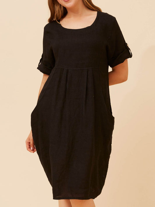 Image of Dresses. Productname: BOTTEGA MODA LINEN DRESS WITH SIDE POCKETS in Black colour by brand - Bottega Moda