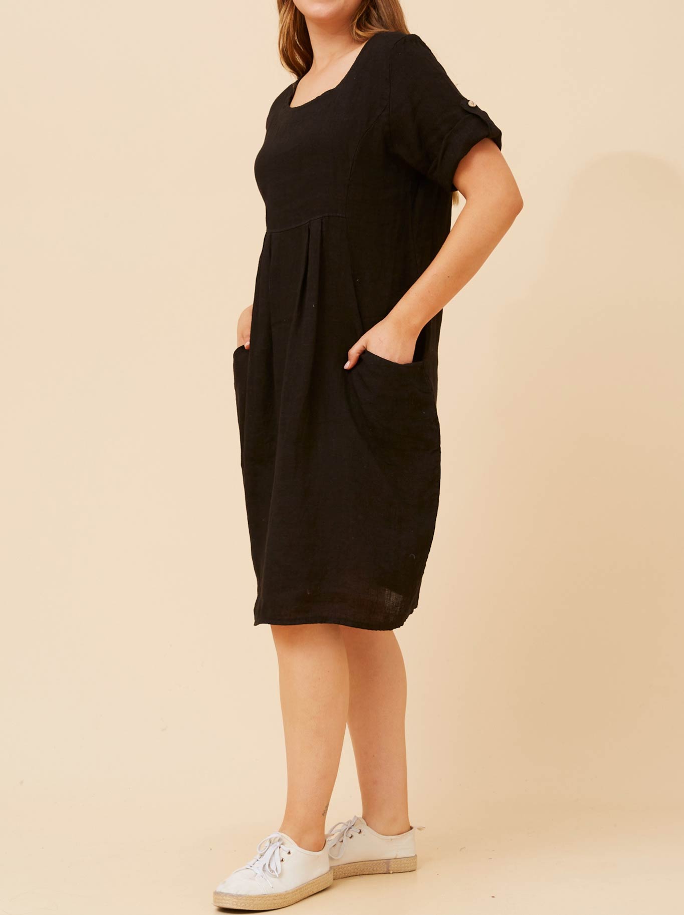BOTTEGA MODA LINEN DRESS WITH SIDE POCKETS (Fango)