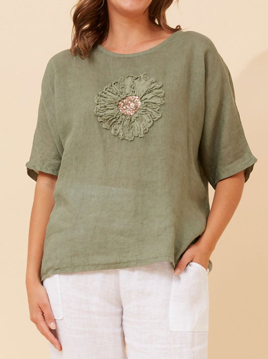 Bottega Moda Floral Linen Patchwork Top (Khaki)