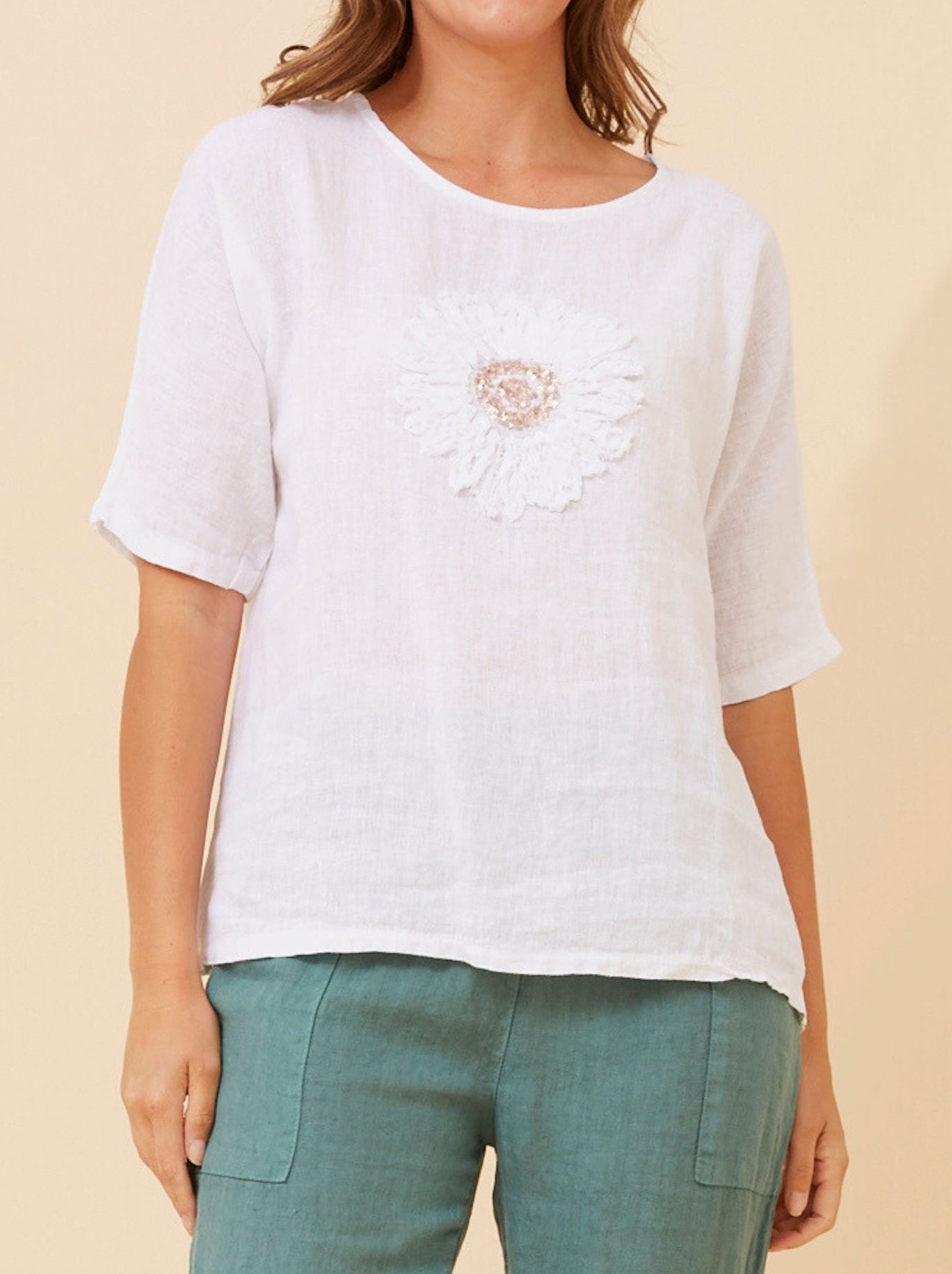 BOTTEGA MODA FLORAL LINEN PATCHWORK TOP (White)