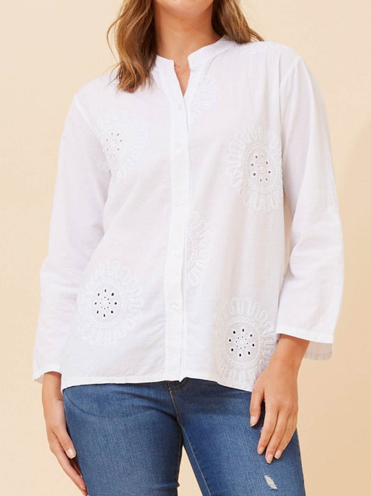 Image of Shirts. Productname: BOTTEGA MODA EMBROIDERED SHIRT WITH ROLL UP SLEEVE in White colour by brand - Bottega Moda