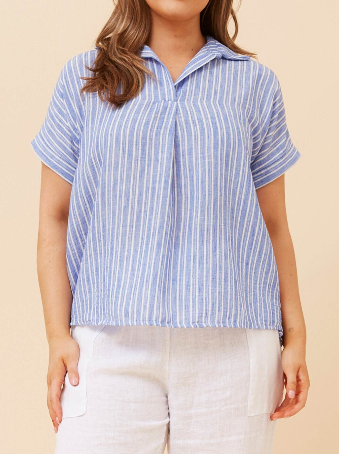 Image of a model wearing Tops. Productname: BOTTEGA MODA STRIPED SHORT SLEEVE SHIRT in Blue colour by brand - Bottega Moda
