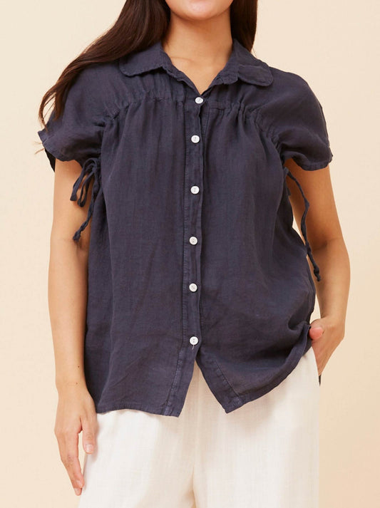 Image of Shirts. Productname: Bottega Moda Linen Shirt With Shirring Detail in Navy A colour by brand - Bottega Moda