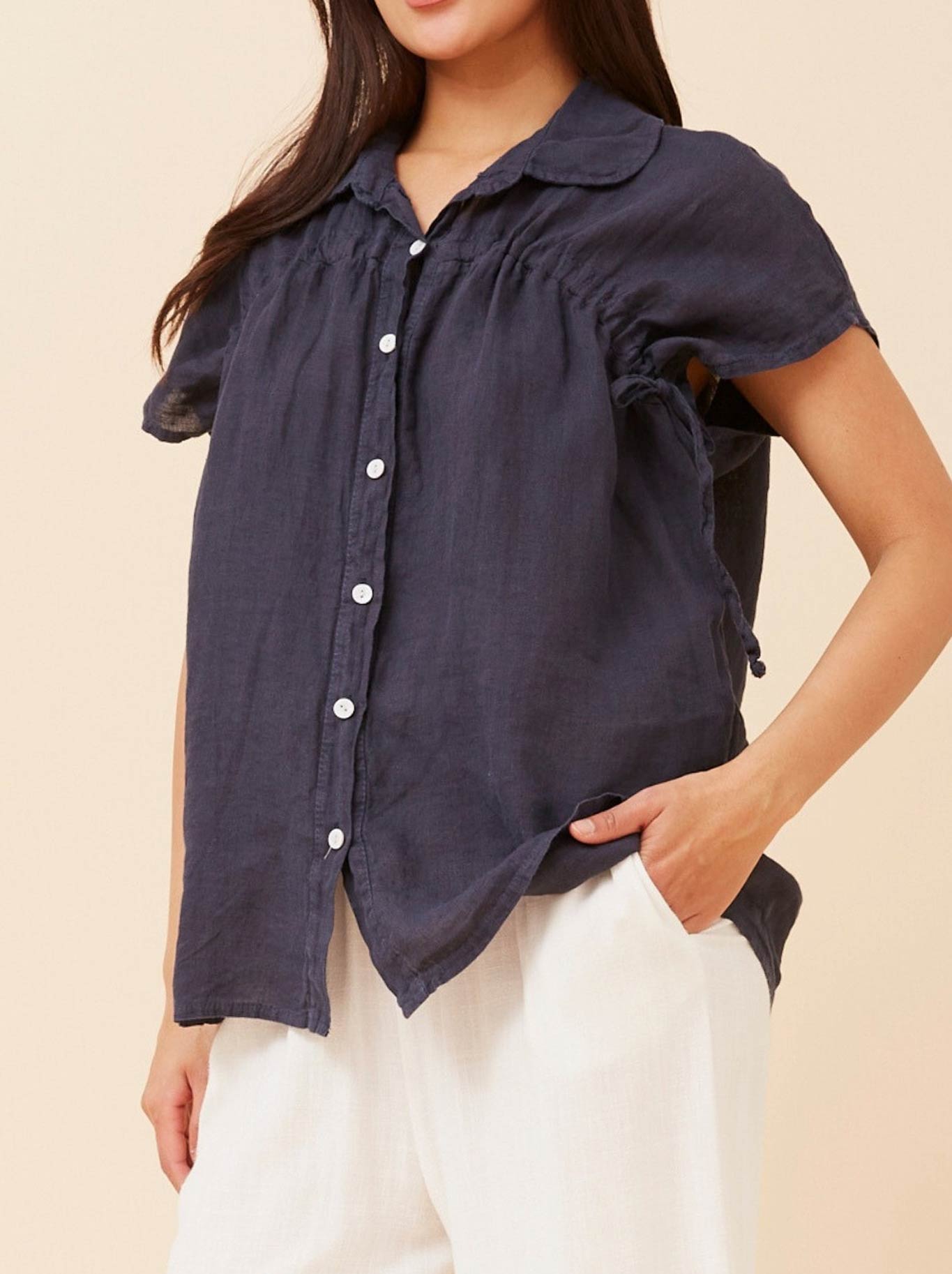 Bottega Moda Linen Shirt With Shirring Detail (Navy A)