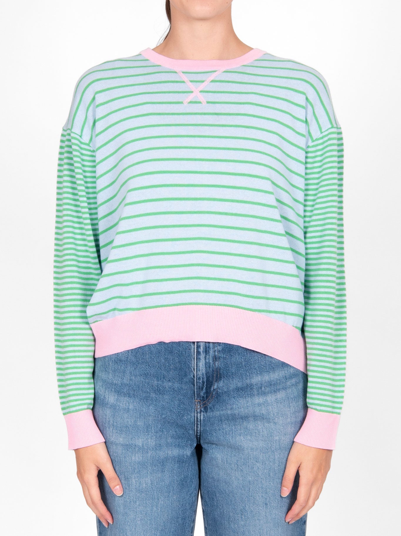 Image of a model wearing Outerwear. Productname: BRIDGE & LORD CURVED HEM STRIPED PULLOVER in Peach Combo colour by brand - Bridge And Lord