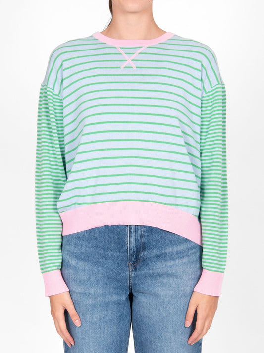 Image of a model wearing Outerwear. Productname: BRIDGE & LORD CURVED HEM STRIPED PULLOVER in Peach Combo colour by brand - Bridge And Lord