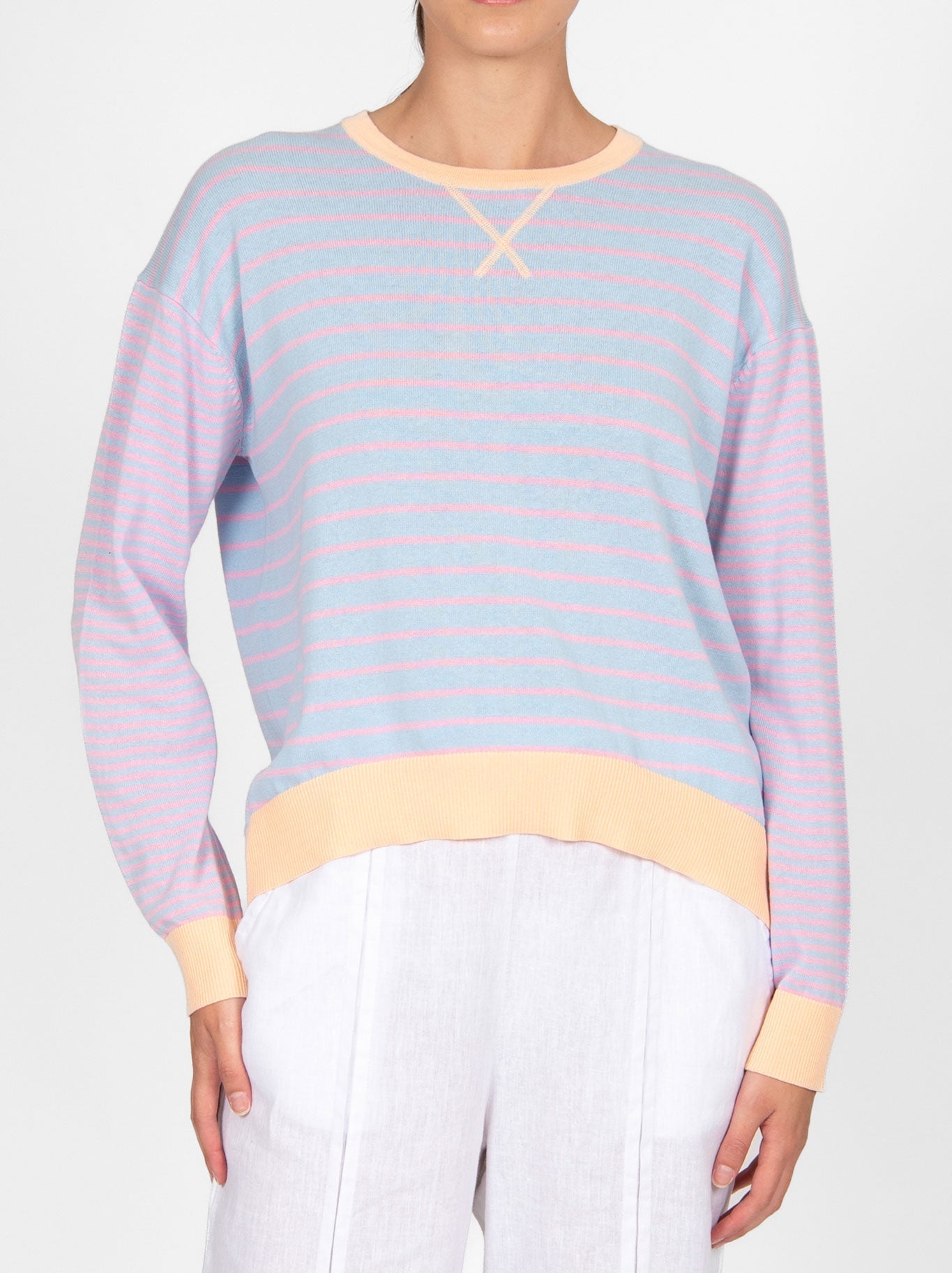 BRIDGE & LORD CURVED HEM STRIPED PULLOVER (Peach Combo)
