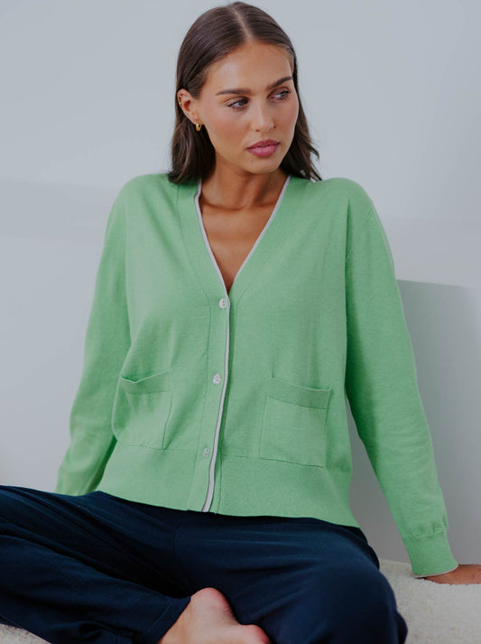 Image of a model wearing Outerwear. Product name - Bridge & Lord Boyfriend Contrast Cardi in Leaf/Stone colour by brand - Bridge And Lord