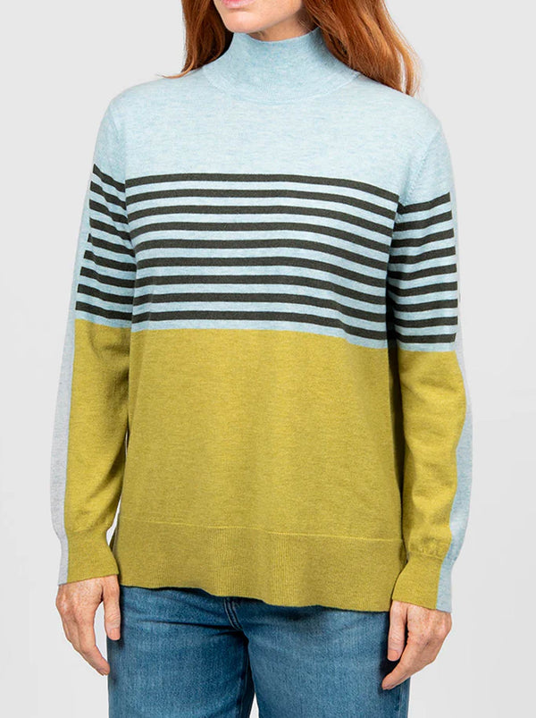 Image of a model wearing Outerwear. Product name - Bridge & Lord Stripe Colour Block Knit in Citrine Multi colour by brand - Bridge And Lord