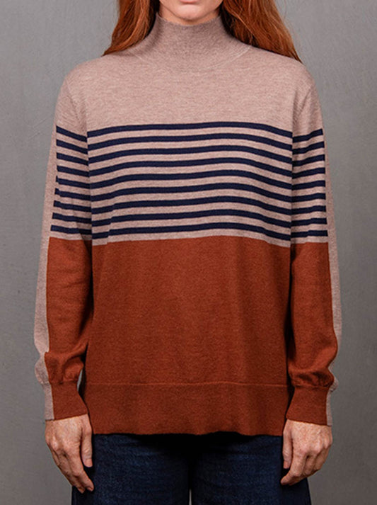 Image of a model wearing Outerwear. Product name - Bridge & Lord Stripe Colour Block Knit in Multi colour by brand - Bridge And Lord