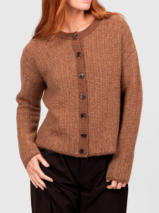 Image of a model wearing Outerwear. Product name - Bridge & Lord Links Stripe Cardi in Cognac colour by brand - Bridge And Lord