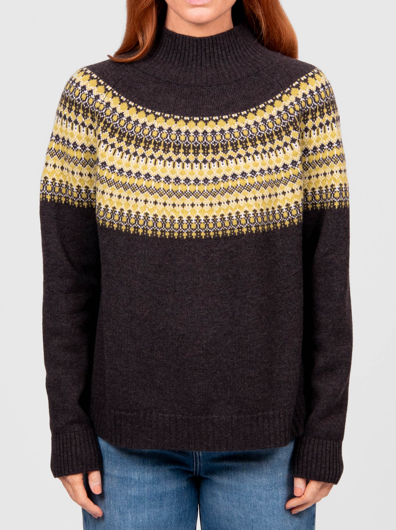 Image of a model wearing Outerwear. Product name - Bridge & Lord Fairisle Knit in Chocolate colour by brand - Bridge And Lord