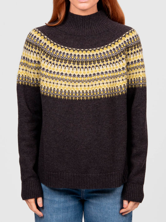 Image of a model wearing Outerwear. Product name - Bridge & Lord Fairisle Knit in Chocolate colour by brand - Bridge And Lord