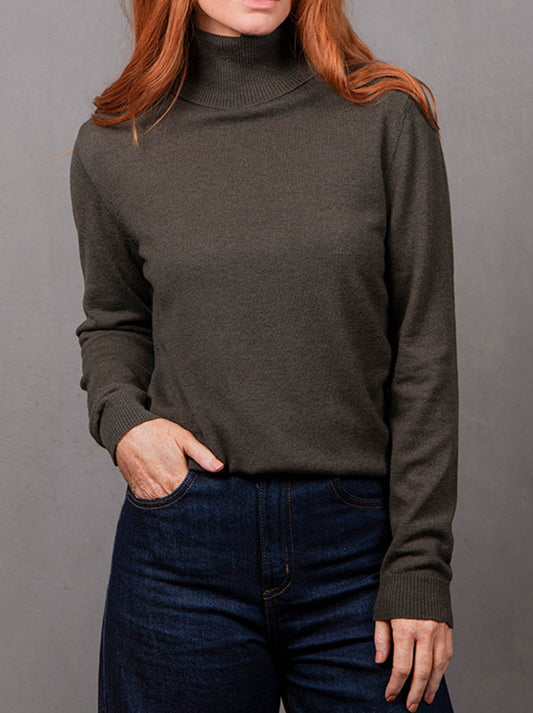 Image of a model wearing Outerwear. Productname: Bridge & Lord Rosie Roll Neck in Olive colour by brand - Bridge And Lord