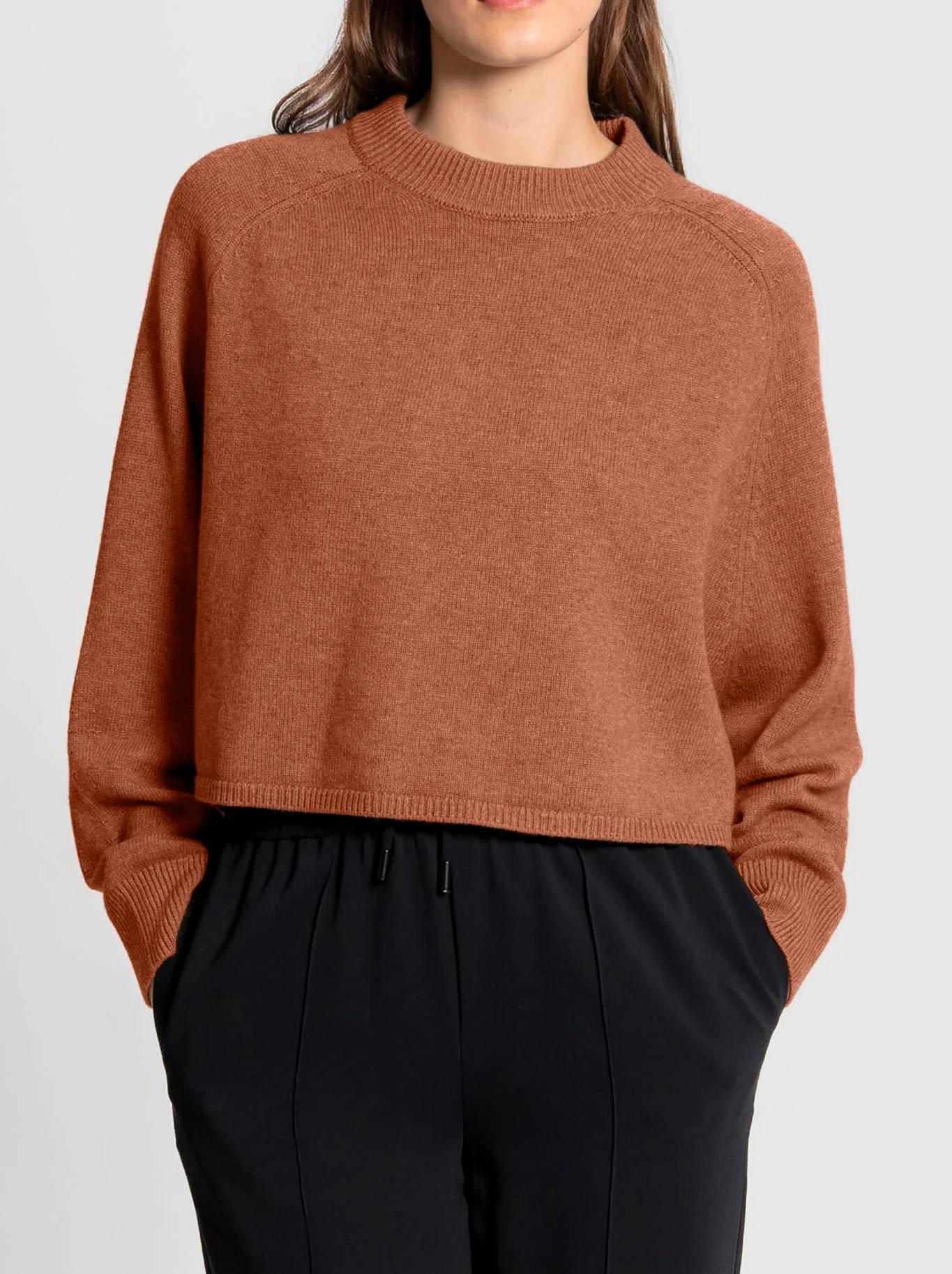 Image of a model wearing Outerwear. Product name - Fields Batwing Saddle Shoulder Pullover in Chestnut colour by brand - Fields Knitwear