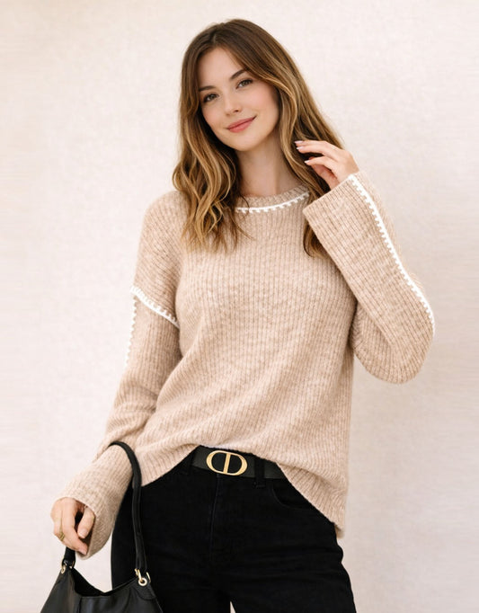 Image of a model wearing Outerwear. Product name - Brielle Blanket Stitch Knit Warm Beige in Warm Beige colour by brand - 132 Fashion
