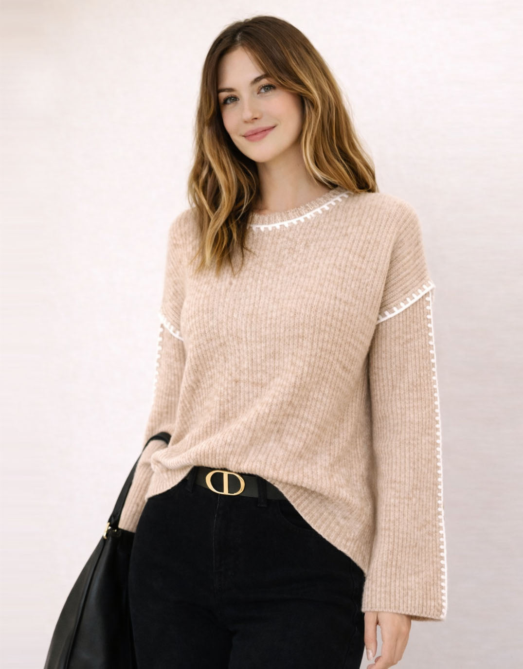 132 Fashion Brielle Blanket Stitch Knit (Warm Beige)
