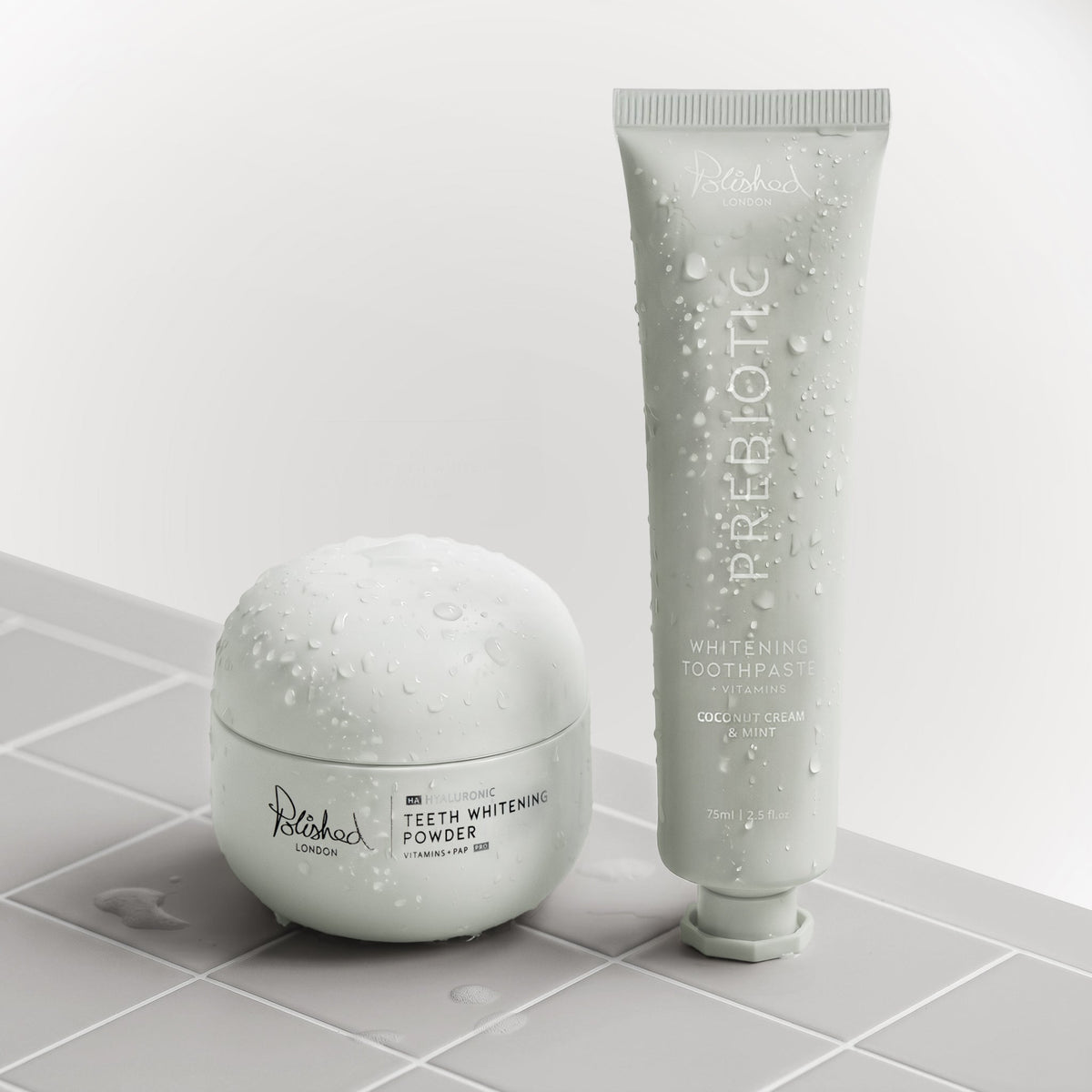 Image of Teeth Whiteners. Product name - Teeth Whitening Powder & Prebiotic Toothpaste Coconut Bundle in colour by brand - Polished London