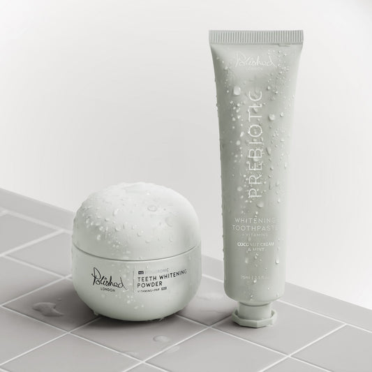Image of Teeth Whiteners. Product name - Teeth Whitening Powder & Prebiotic Toothpaste Coconut Bundle in colour by brand - Polished London