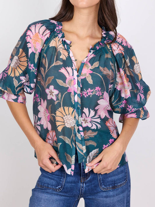 Image of a model wearing Tops. Product name - By Rosa Encounter Gathered Button Top in Petrol colour by brand - By Rosa