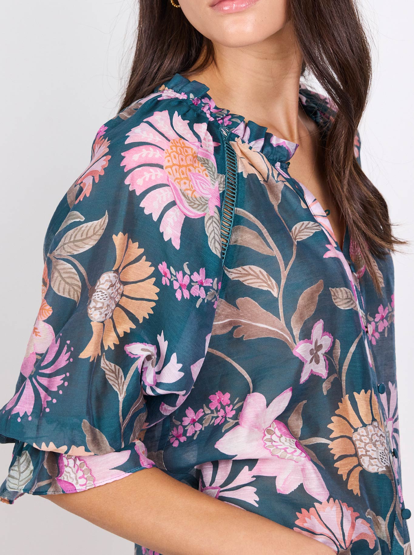 By Rosa Encounter Gathered Button Top (Petrol)