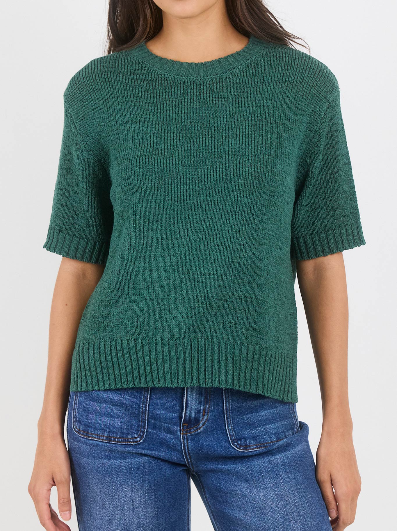 Image of a model wearing Tops. Product name - By Rosa Loveable Tape Yarn Knit Tee in Petrol colour by brand - By Rosa