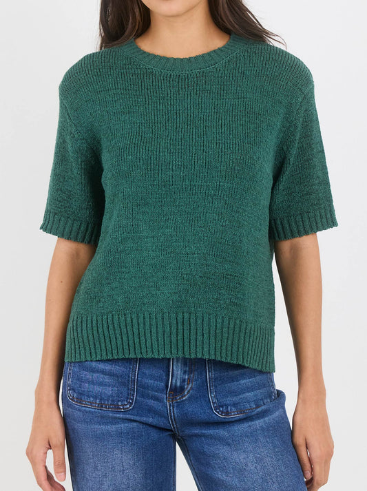 Image of a model wearing Tops. Product name - By Rosa Loveable Tape Yarn Knit Tee in Petrol colour by brand - By Rosa