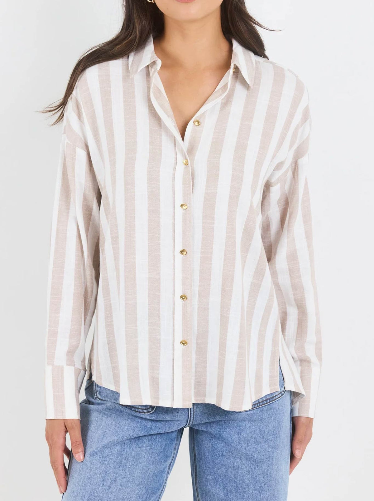 Image of a model wearing Tops. Product name - By Rosa Reveal Stripe Tie Back Shirt in Taupe colour by brand - By Rosa