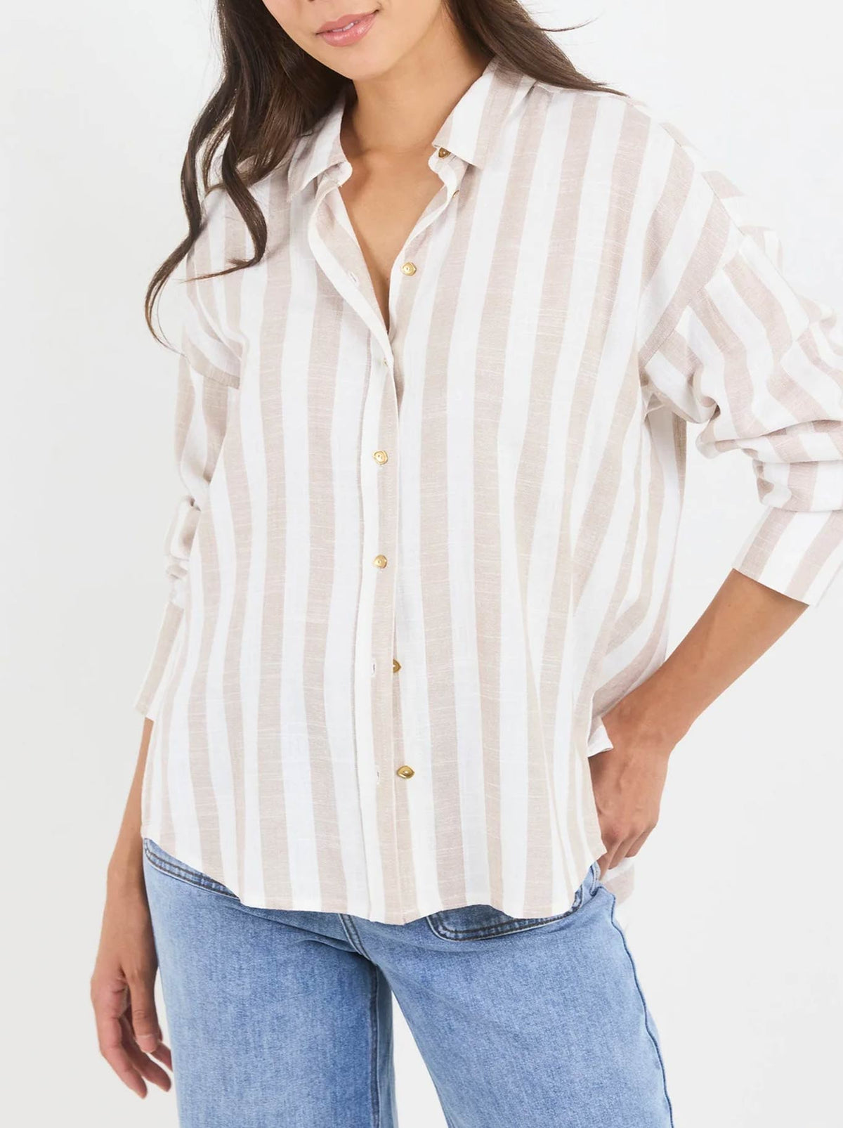 BY ROSA REVEAL STRIPE TIE BACK SHIRT (Taupe)