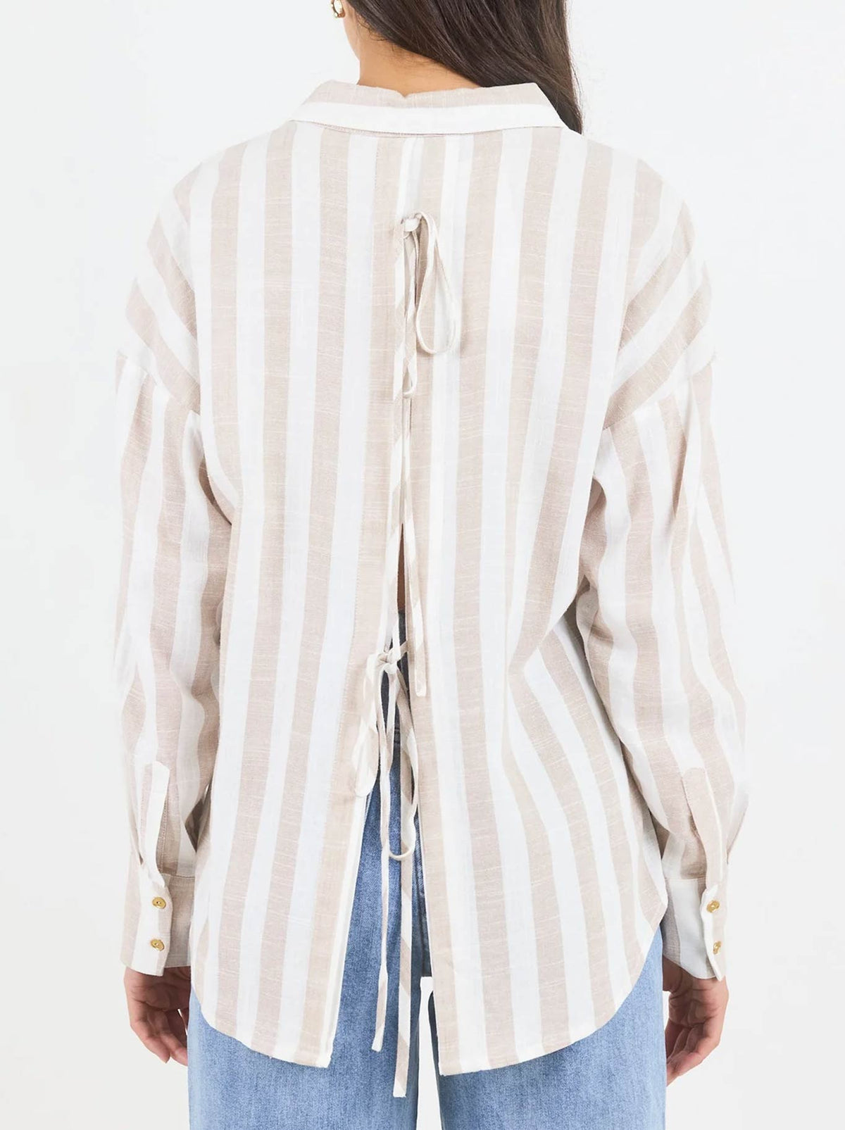 BY ROSA REVEAL STRIPE TIE BACK SHIRT (Taupe)