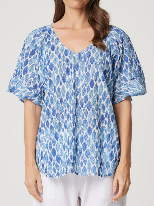 Image of a model wearing Tops. Productname: CAKE KIM TOP in Blue Leaf colour by brand - Cake