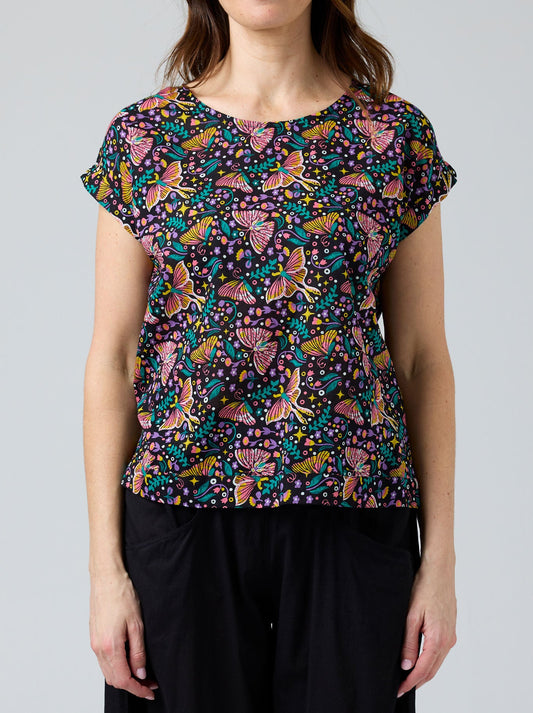 Image of a model wearing Tops. Productname: Cake Vicky Round Neck in Butterfly colour by brand - Cake