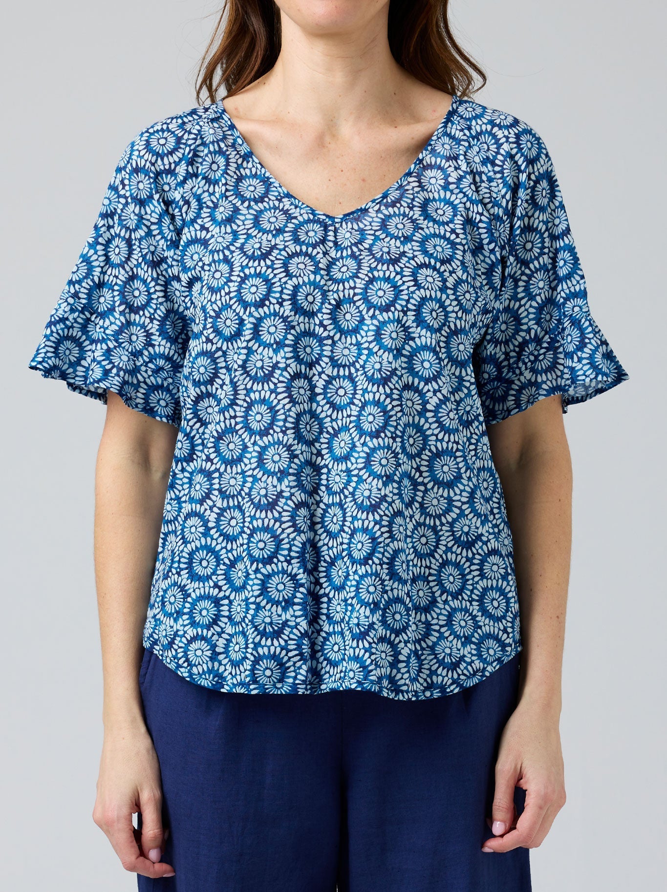 Image of a model wearing Tops. Productname: CAKE KIM TOP in Blue White Circle colour by brand - Cake