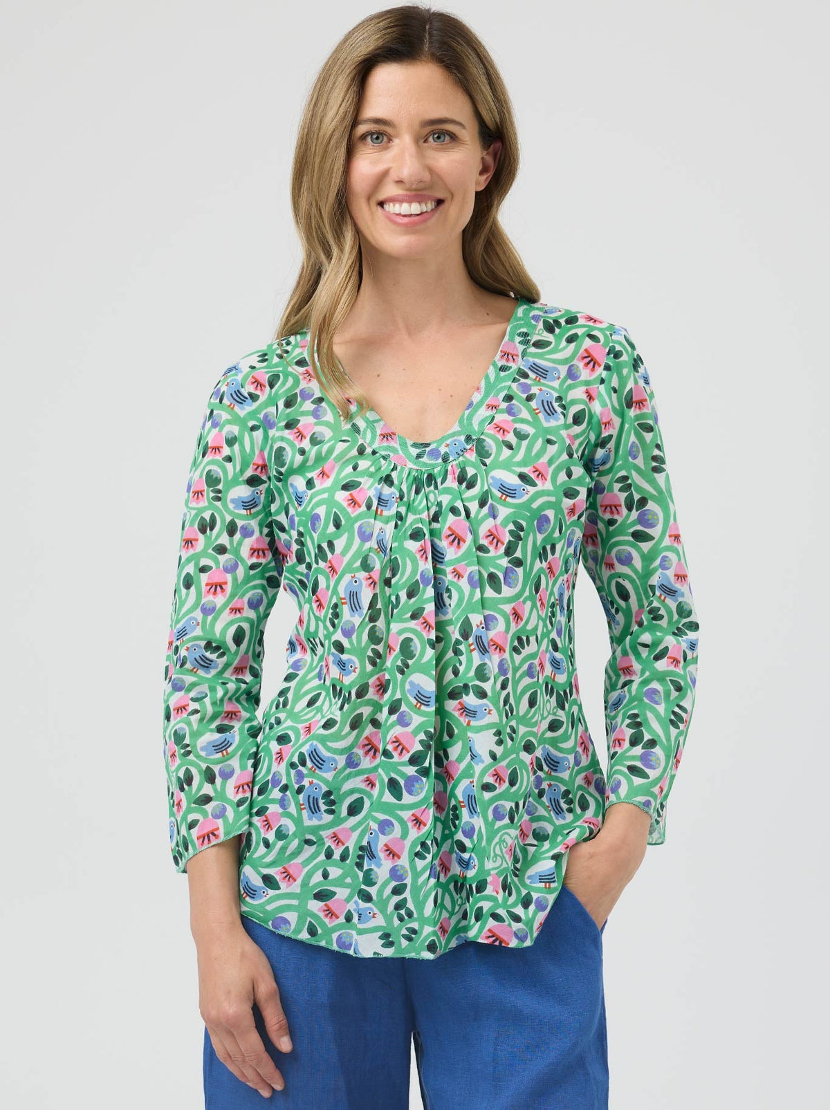 Image of a model wearing Tops. Product name - Cake Nolita Top in Birds & Flowers colour by brand - Cake